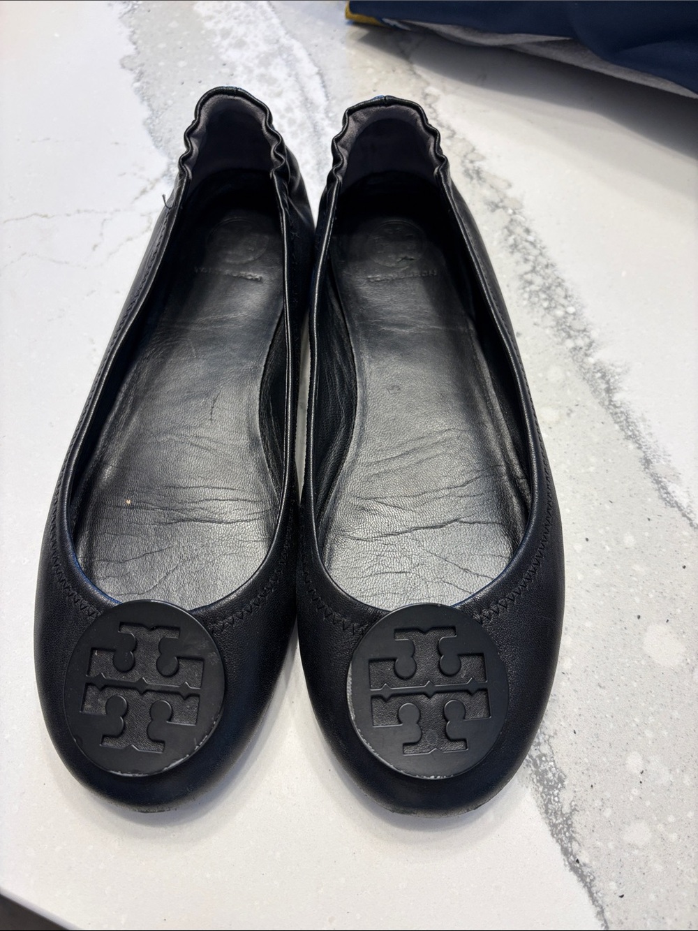 Tory Burch Black Leather Logo Ballet Flats